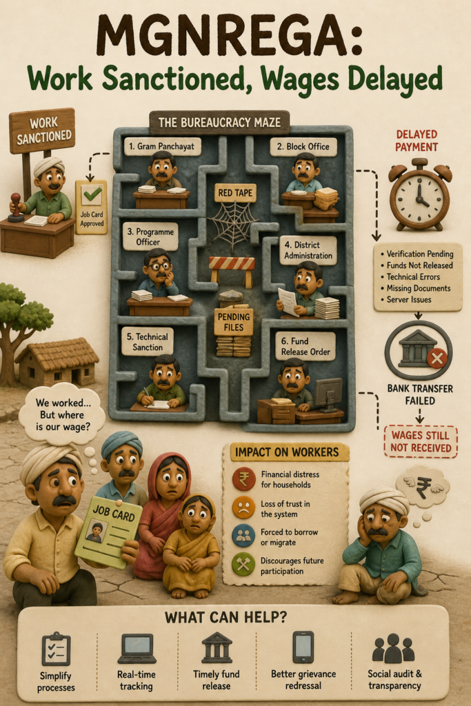 An illustration highlighting procedural and payment bottlenecks that affect wage delivery under Mahatma Gandhi National Rural Employment Guarantee Act.(chatgpt)