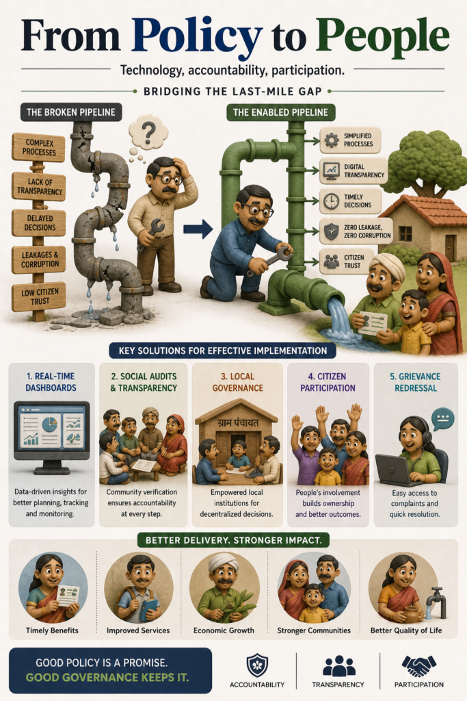 From Policy to People: An infographic showcasing governance reforms and solutions required to strengthen last-mile policy implementation.(chatgpt)